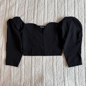 Zara Blouse Women's Small Puff-Sleeve V-Neck Top Cropped Black